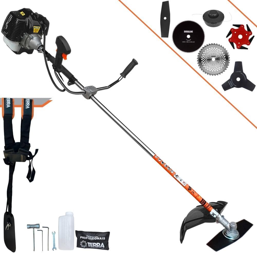 Roçadeira À Gasolina Terra GRH520 52cc 2T 2,5HP Com Carretel Nylon + Faca 2 Pontas + Faca 3 Pontas + Faca 6 Pontas + Faca 40 Dentes + Faca 80 Dentes