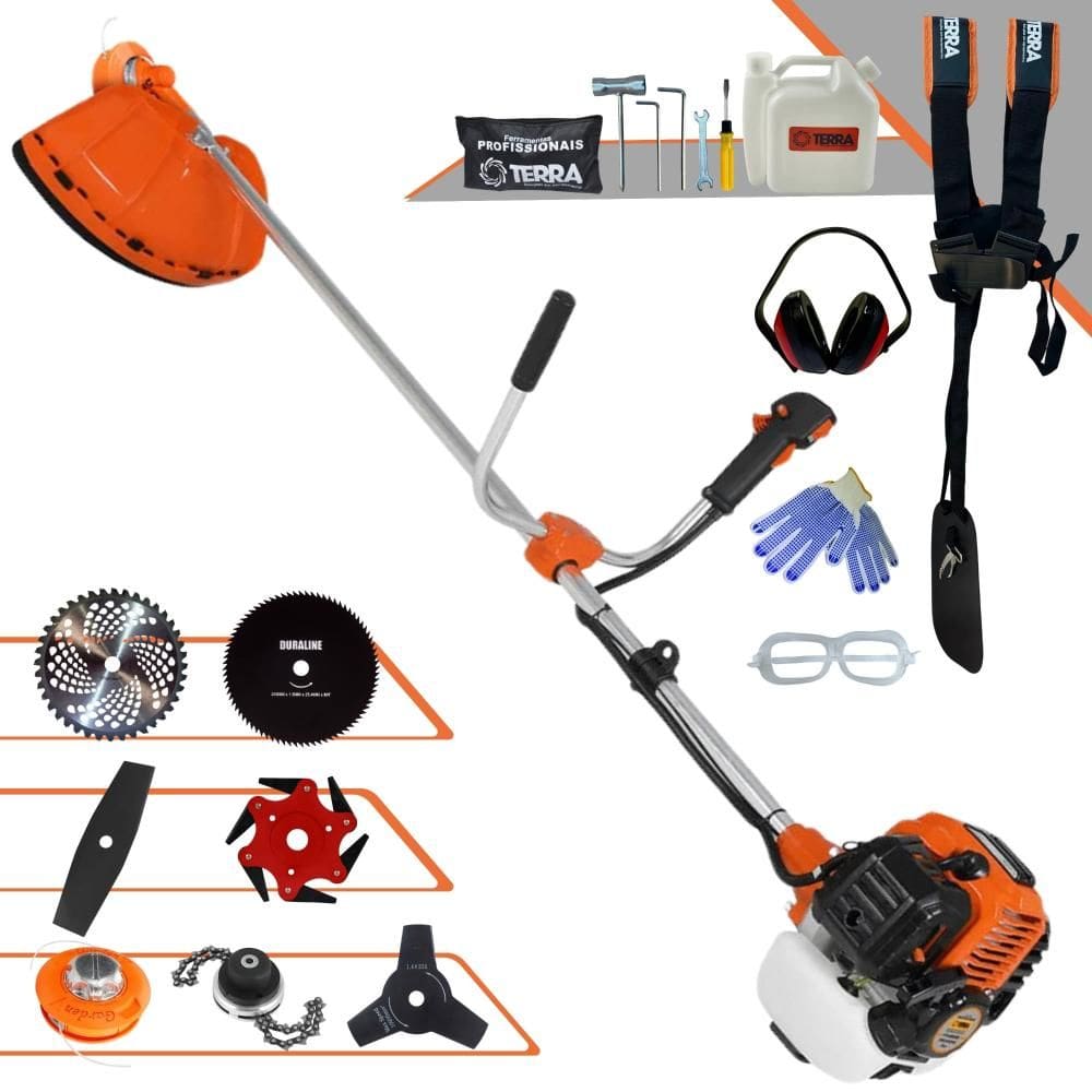 Roçadeira Terra GR520XP À Gasolina 2T 2,5HP 52cc Com Carretel + Facas 2 Pontas + 3 Pontas + 6 Pontas + 40 Dentes de Vídea + 80 Dentes + Trimmer + EPI