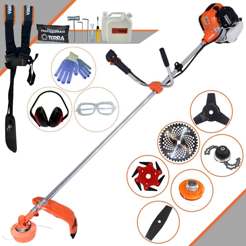 Máquina de Cortar Grama Profissional À Gasolina Terra GR520XP 2 Tempos 52cc 2,5HP 6.500rpm Roçadeira Lateral Multifunções Com 6 Opções de Cortes + EPI