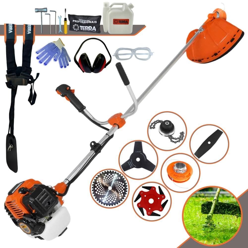 Roçadeira À Gasolina Terra GR520-XP 52cc 2T 2,5HP Com Carretel + Faca 2 Pontas + Faca 3 Pontas + Faca 6 Pontas + 40 Dentes de Vídea + Trimmer + EPI