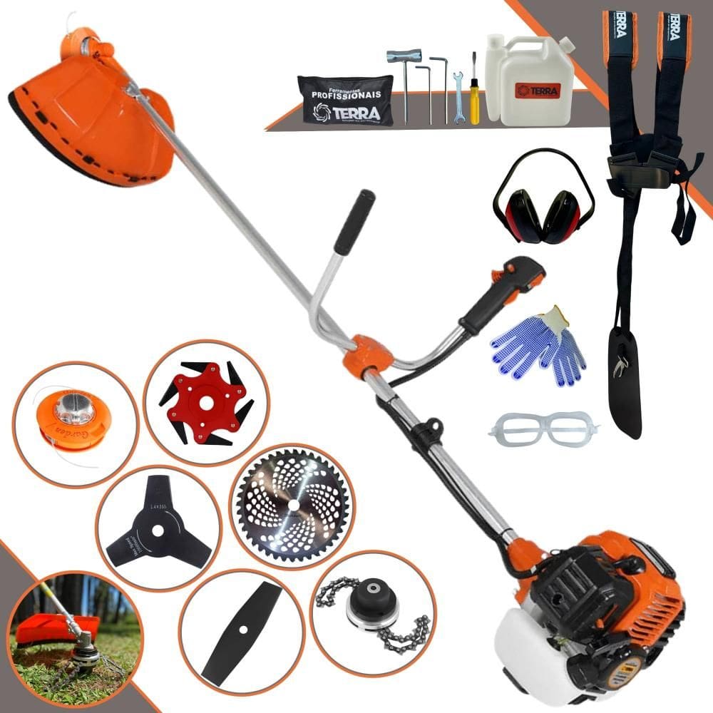 Roçadeira Terra GR520XP À Gasolina 2,5HP 52cc Com Carretel Nylon + Lâmina Facão + Lâmina 3 Pontas + Lâmina 6 Pontas + Lâmina 40 Dentes + Trimmer + EPI