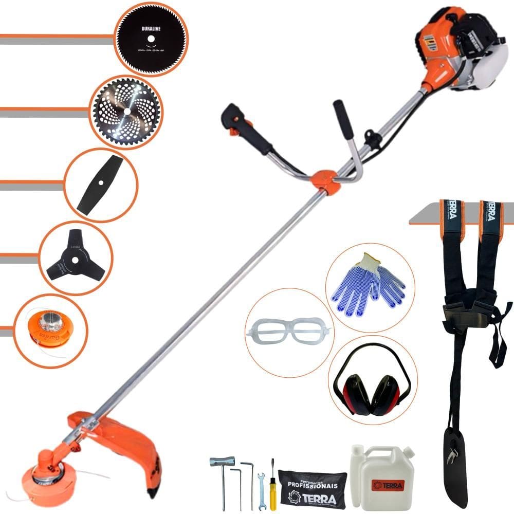Aparador de Grama À Gasolina Terra GR520XP 2T 52cc 2,5HP de Potência 6.500rpm Roçadeira Completa Com Carretel de Nylon e Kit 4 Lâminas de Corte + EPI