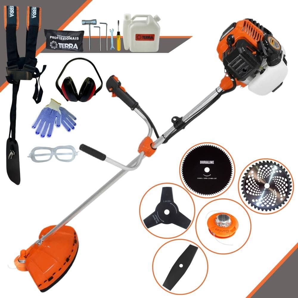 Roçadeira Robusta À Gasolina Terra GR520XP 2,5HP 52cc 6.500rpm Com Carretel Nylon + Lâminas Facão e 3 Pontas + 40 Dentes de Vídea e 80 Dentes + EPI