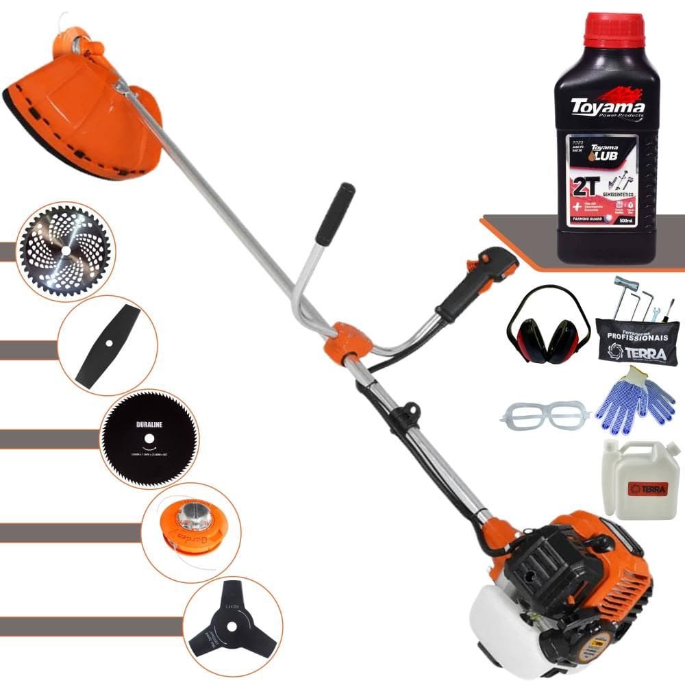 Roçadeira Robusta Terra GR520-XP À Gasolina 52cc Com Carretel + Faca 2 Pontas + Faca 3 Pontas + Faca 40 Dentes + Faca 80 Dentes + ÓLEO TOYAMA + EPI
