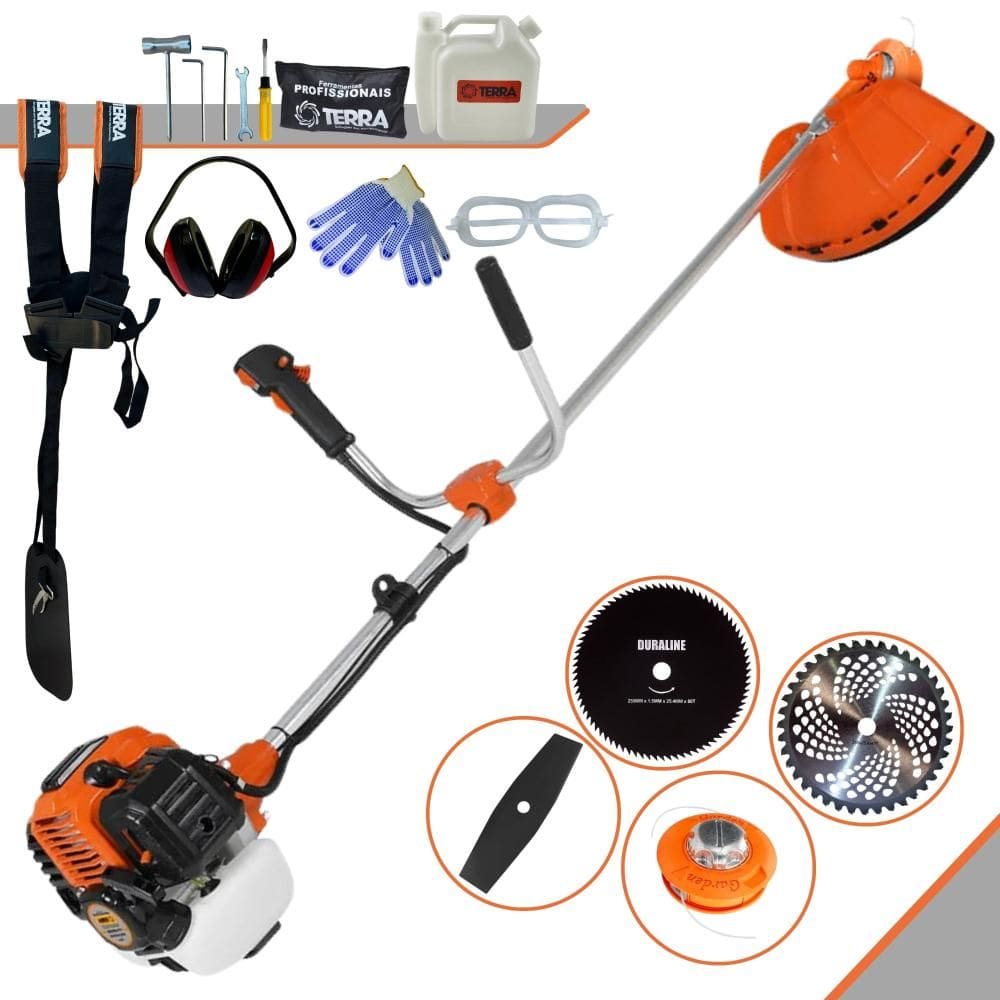Roçadeira Robusta À Gasolina Terra GR520XP 2,5HP 2T 52cc 6.500rpm Com Carretel Nylon + Lâminas Facão + Discos Circulares 40 Dentes e 80 Dentes + EPI