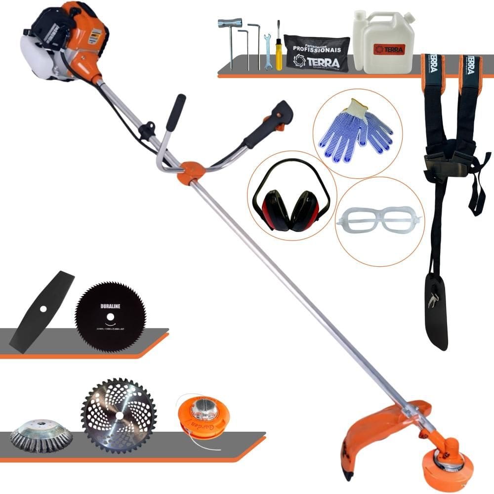 Roçadeira Terra GR520XP 52cc 6.500rpm 2,5HP Multifunções Com Carretel Nylon e Faca 2 Pontas + Faca 40 Dentes de Vídea + Faca 80 Dentes + Escova + EPI