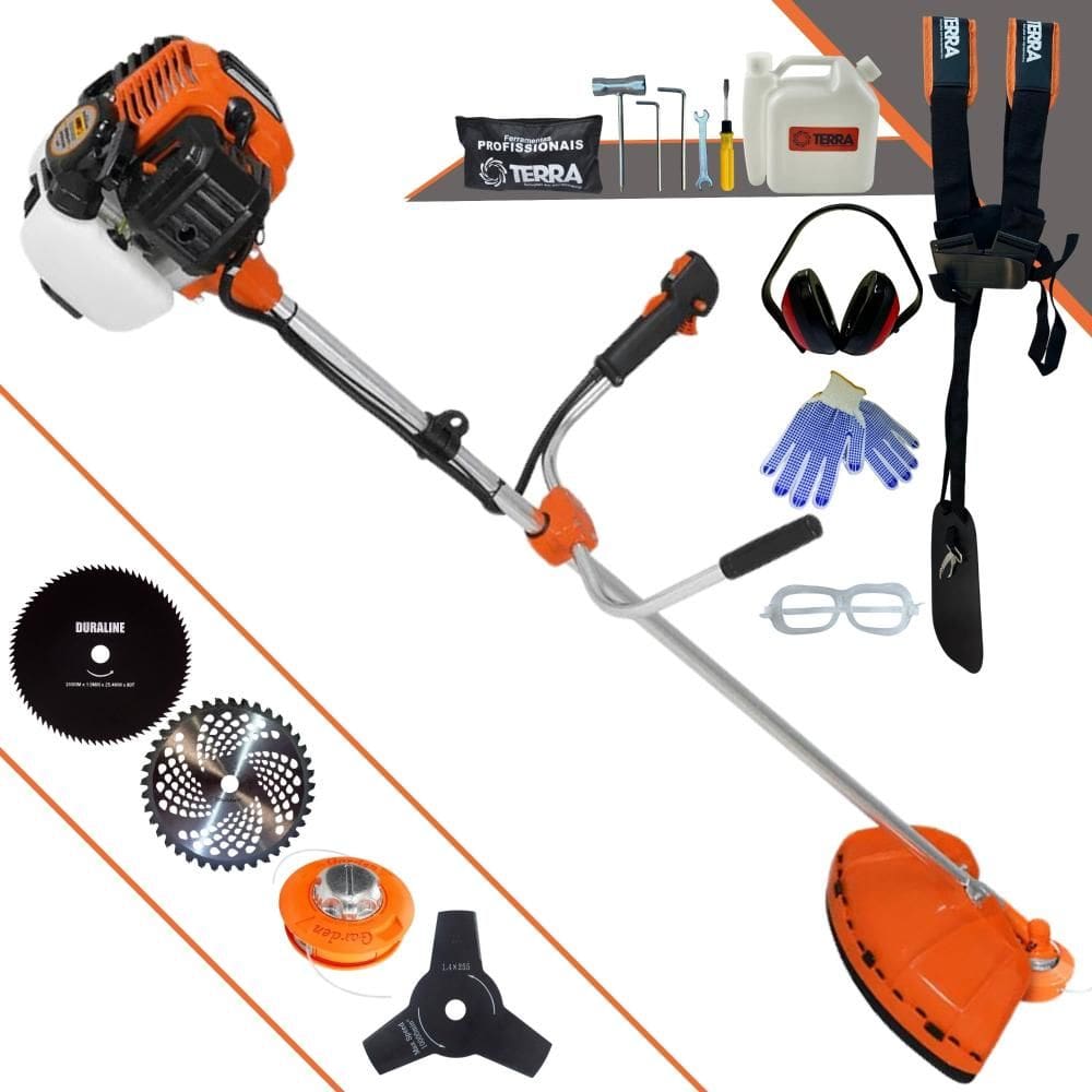 Roçadeira Robusta À Gasolina Terra GR520XP 2,5HP 2T 52cc 6500rpm Com Carretel Nylon + Lâminas 3 Pontas + Discos Circulares 40 Dentes e 80 Dentes + EPI