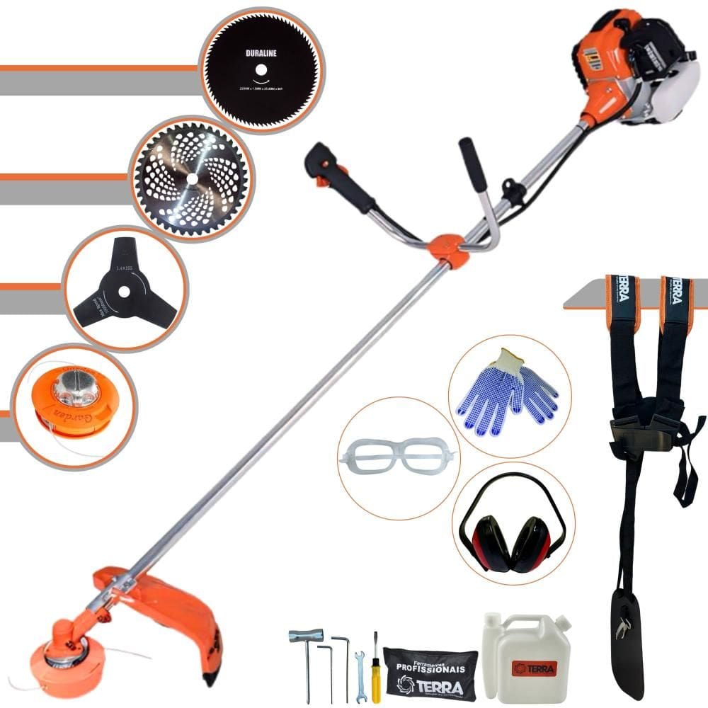 Roçadeira Multifuncional Terra GR520XP À Gasolina 2T 52cc 2,5HP 6.500rpm Completa Ideal Para Todos os Tipos de Trabalhos Com 4 Opções de Cortes + EPI