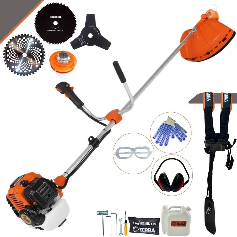 Aparador de Grama À Gasolina Terra GR520XP 2T 52cc 2,5HP de Potência 6.500rpm Roçadeira Completa Com Carretel de Nylon e Kit 3 Lâminas de Corte + EPI
