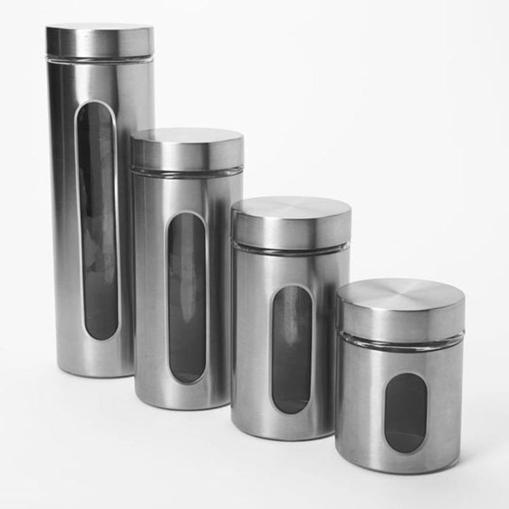 Jogo 4 Potes Herméticos P/ Mantimentos Em Vidro Aço Inox