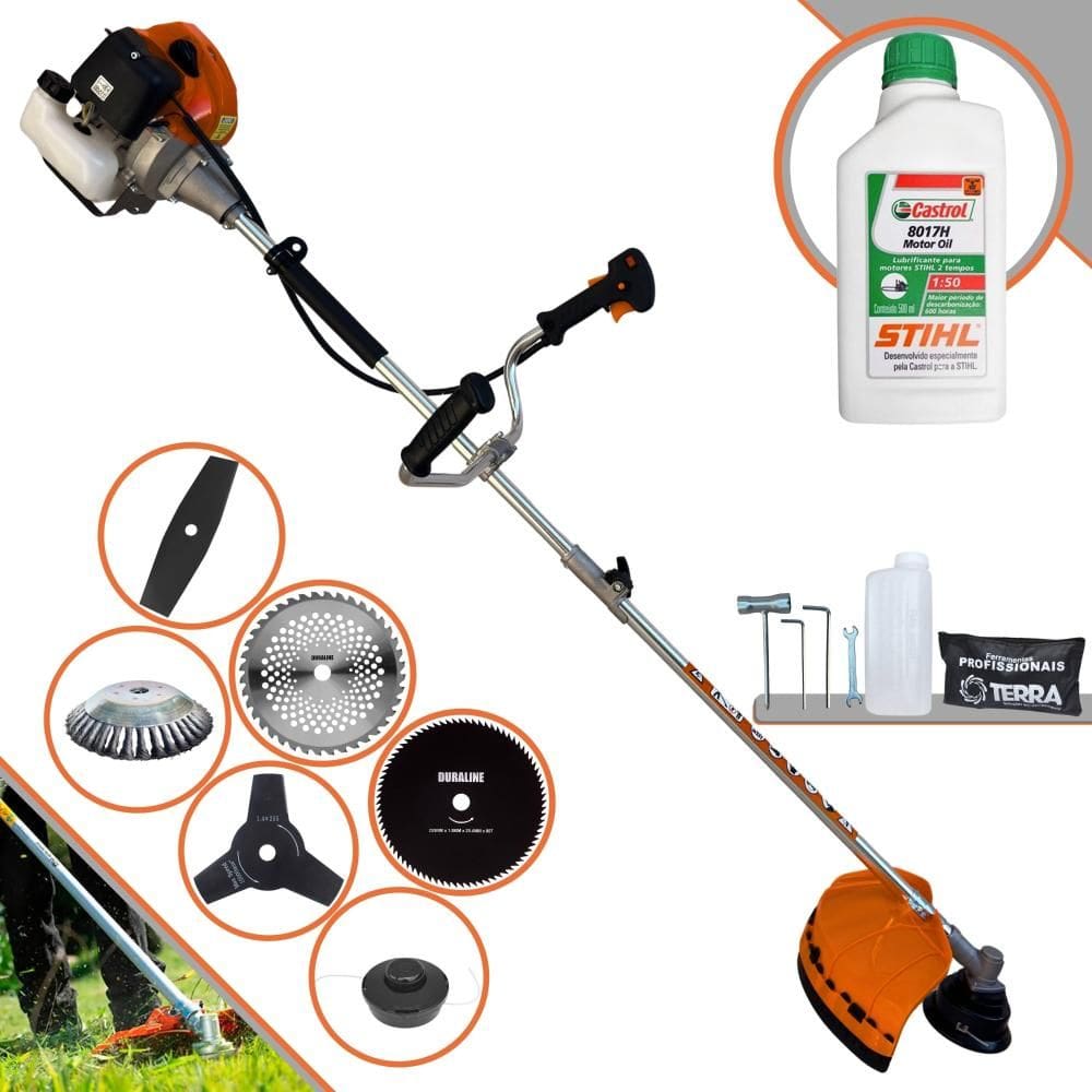 Roçadeira Terra GRHB430 Bi-Partida 43cc C/ Carretel Nylon e Lâmina Facão + Lâmina 3 Pontas + Lâmina 40 Dentes + Lâmina 80 Dentes + Escova + ÓLEO STIHL
