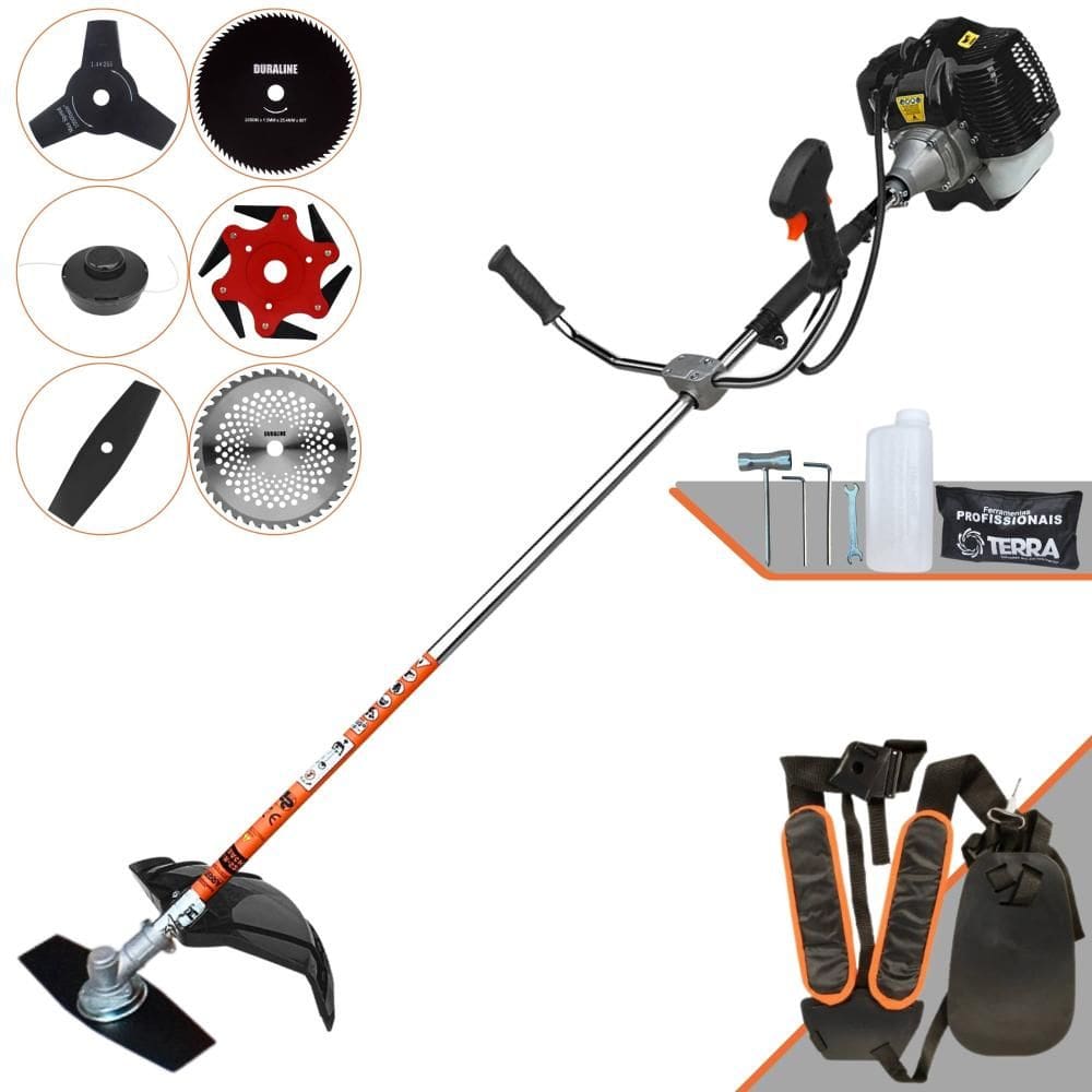 Roçadeira Lateral À Gasolina Terra GRH520 52cc 2,5HP 6500rpm Alta Performance Podador de Grama Completa Com Carretel de Nylon e Kit 5 Lâminas de Corte