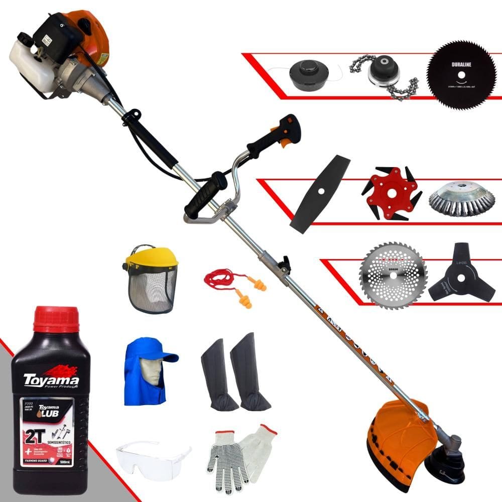 Roçadeira Terra GRHB430 Bi-Partida 43cc Com Carretel + Facas 2 Pontas, 3 Pontas, 6 Pontas, 40 Dentes, 80 Dentes, Trimmer e Escova + EPI + ÓLEO TOYAMA
