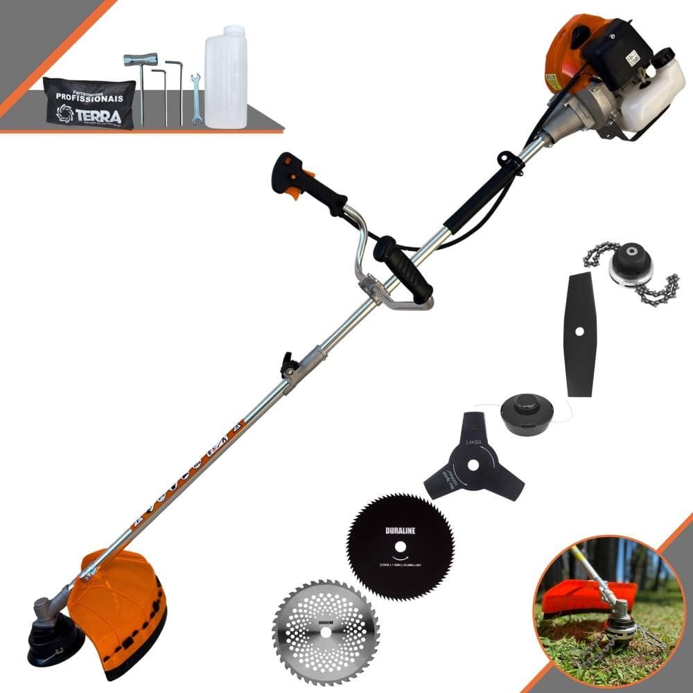Aparador de Grama Terra GRHB430 Bi-Partida 43cc 1,7HP 12000rpm C/ Carretel Nylon + Faca 2 Pontas + 3 Pontas + 40 Dentes de Vídea + 80 Dentes + Trimmer