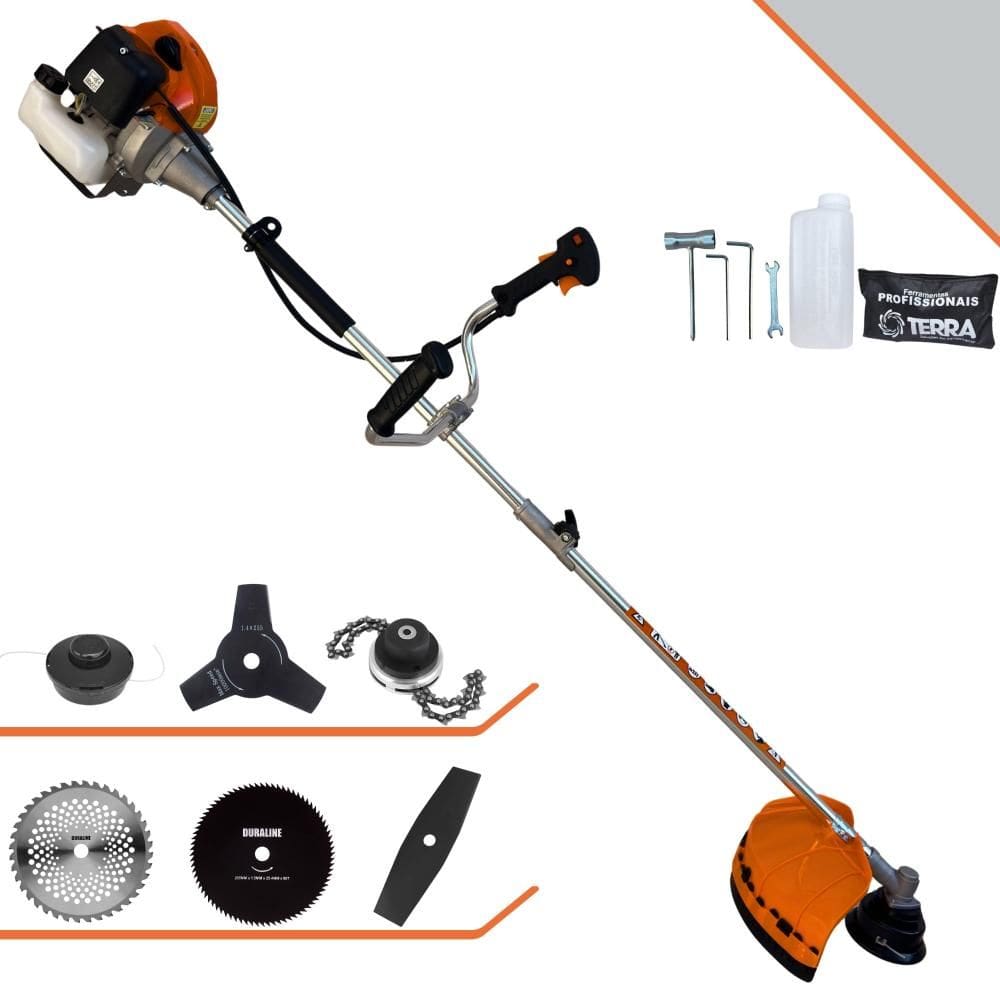 Roçadeira À Gasolina Terra GRHB430 Bi-Partida 43cc 1,7HP Com 6 Opções de Corte Carretel + Facas 2 Pontas + 3 Pontas + 40 Dentes + 80 Dentes + Trimmer
