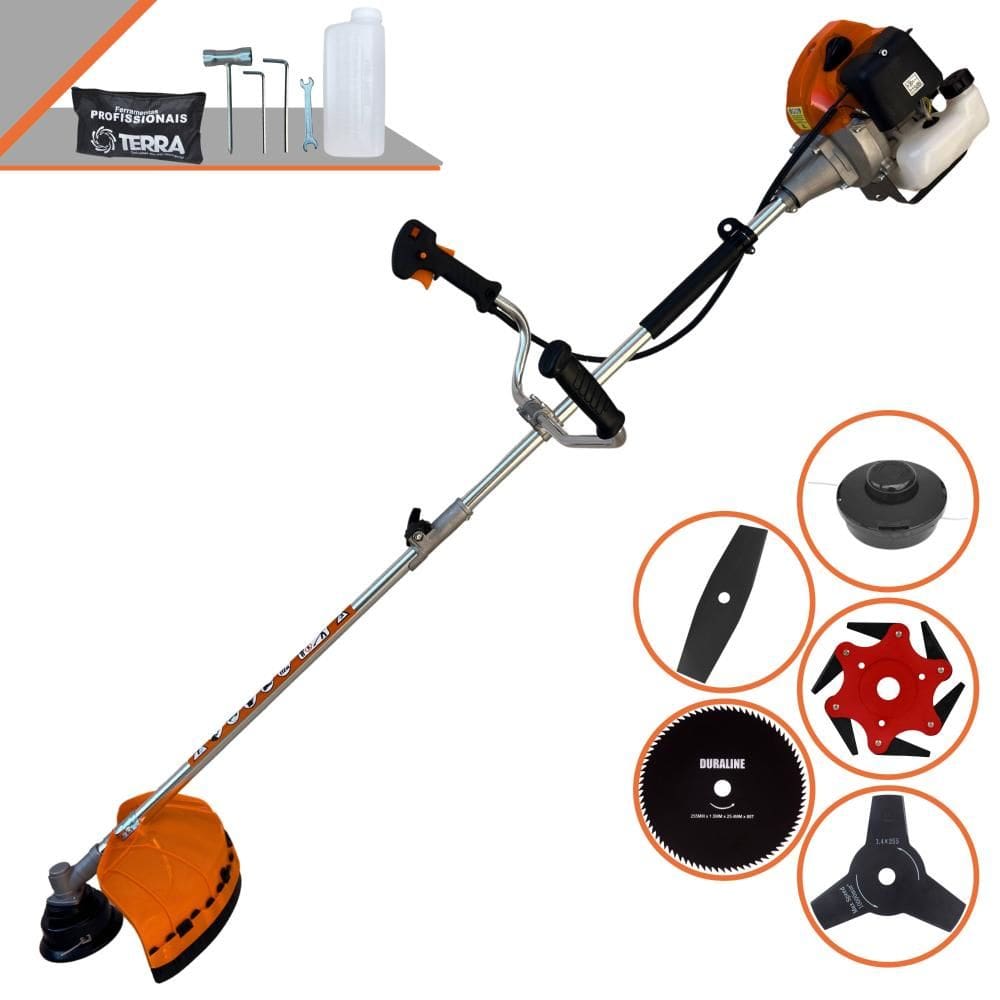 Roçadeira Robusta Terra GRHB430 Bi-Partida À Gasolina 2T 43cc 1,7HP Com Carretel + Lâmina Facão + Lâmina 3 Pontas + Lâmina 6 Pontas + Lâmina 80 Dentes