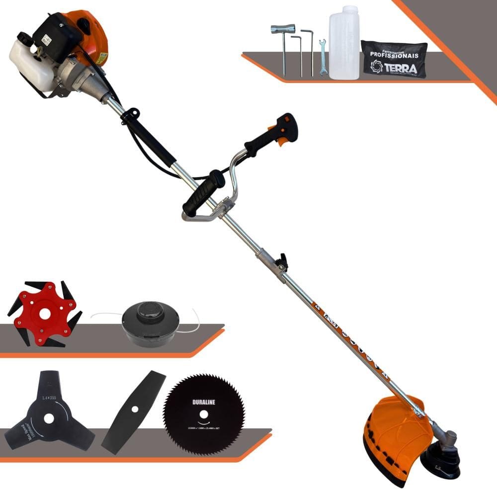 Roçadeira Multifuncional Terra GRHB430 Bipartida À Gasolina 2T 1,7HP 43cc 12.000rpm + Kit Extra de Lâmina 3 Pontas, Lâmina 6 Pontas e Lâmina 80 Dentes