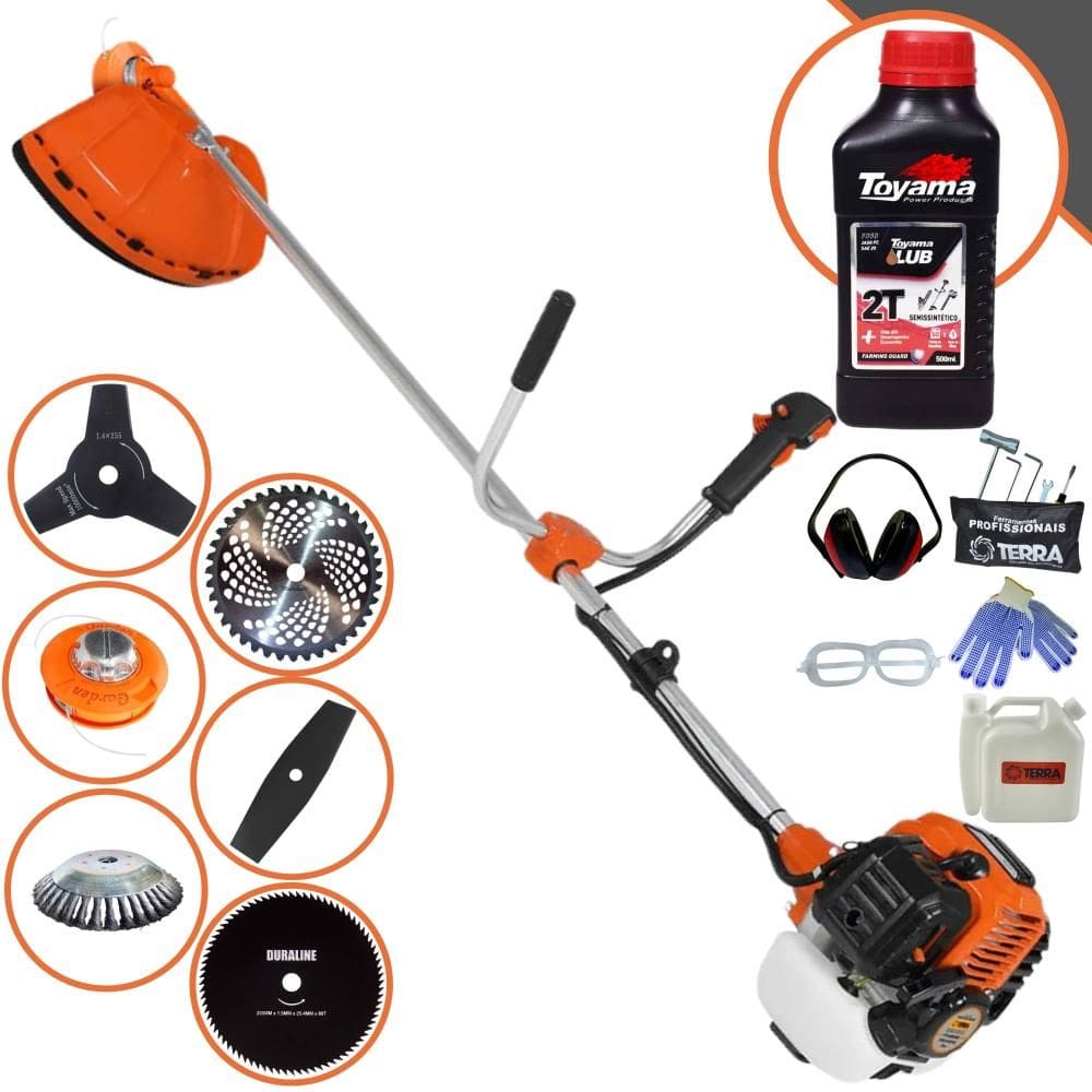 Roçadeira À Gasolina Terra GR520-XP 52cc Com Faca 40 Dentes Vídea e Carretel + Facas 2 Pontas, 3 Pontas, 80 Dentes e Escova de Aço + ÓLEO TOYAMA + EPI