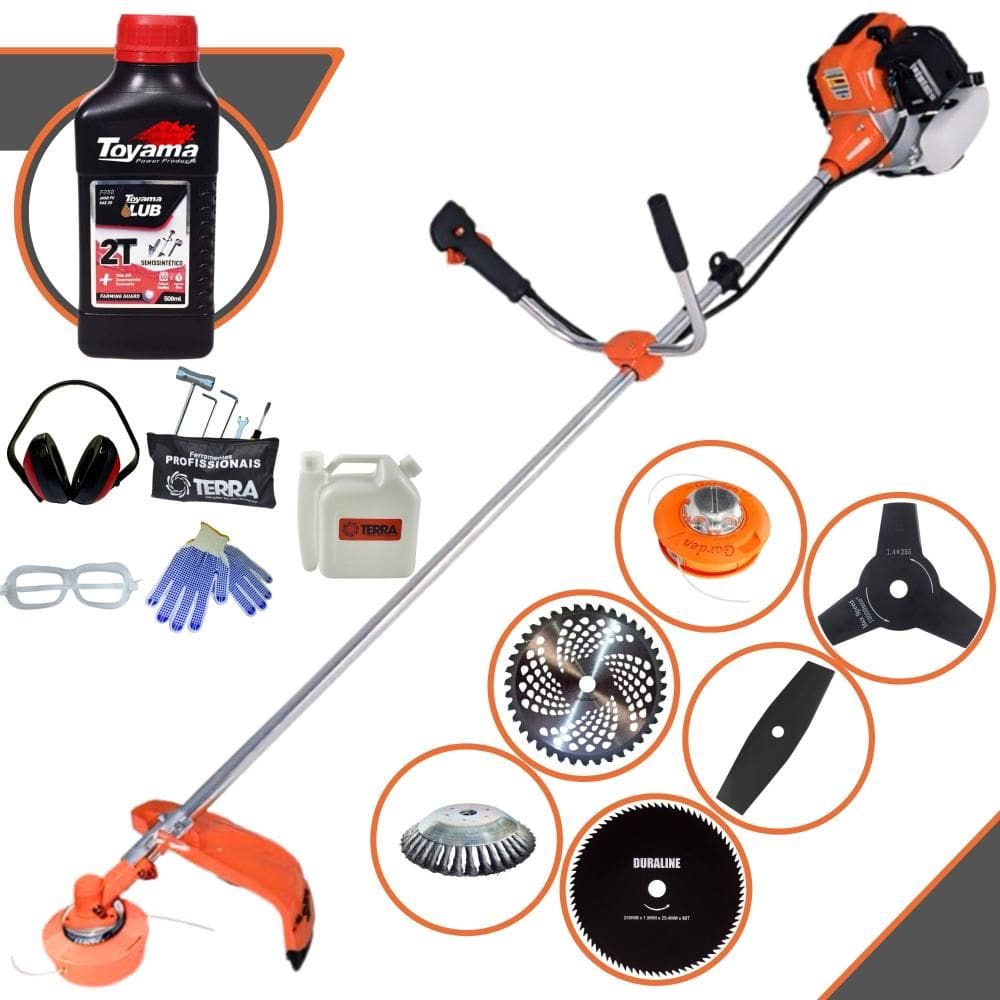 Roçadeira Completa Terra GR520XP À Gasolina 52cc C/ Carretel Nylon e Faca 40 Dentes + Facas 2 Pontas, 3 Pontas, 80 Dentes + Escova + ÓLEO TOYAMA + EPI