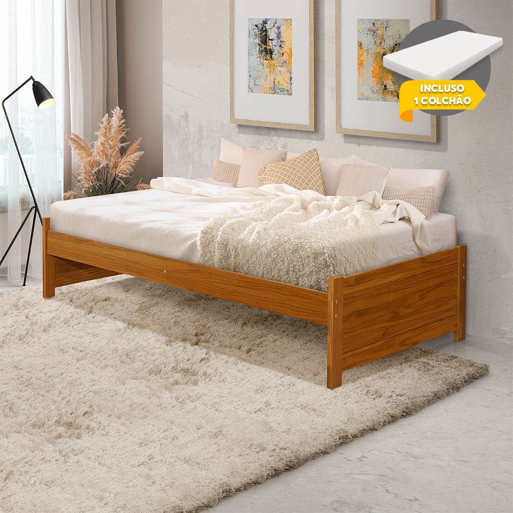 Cama Solteiro com Colchão Mona Gabrieli Mona Madeira Maciça Imbuia