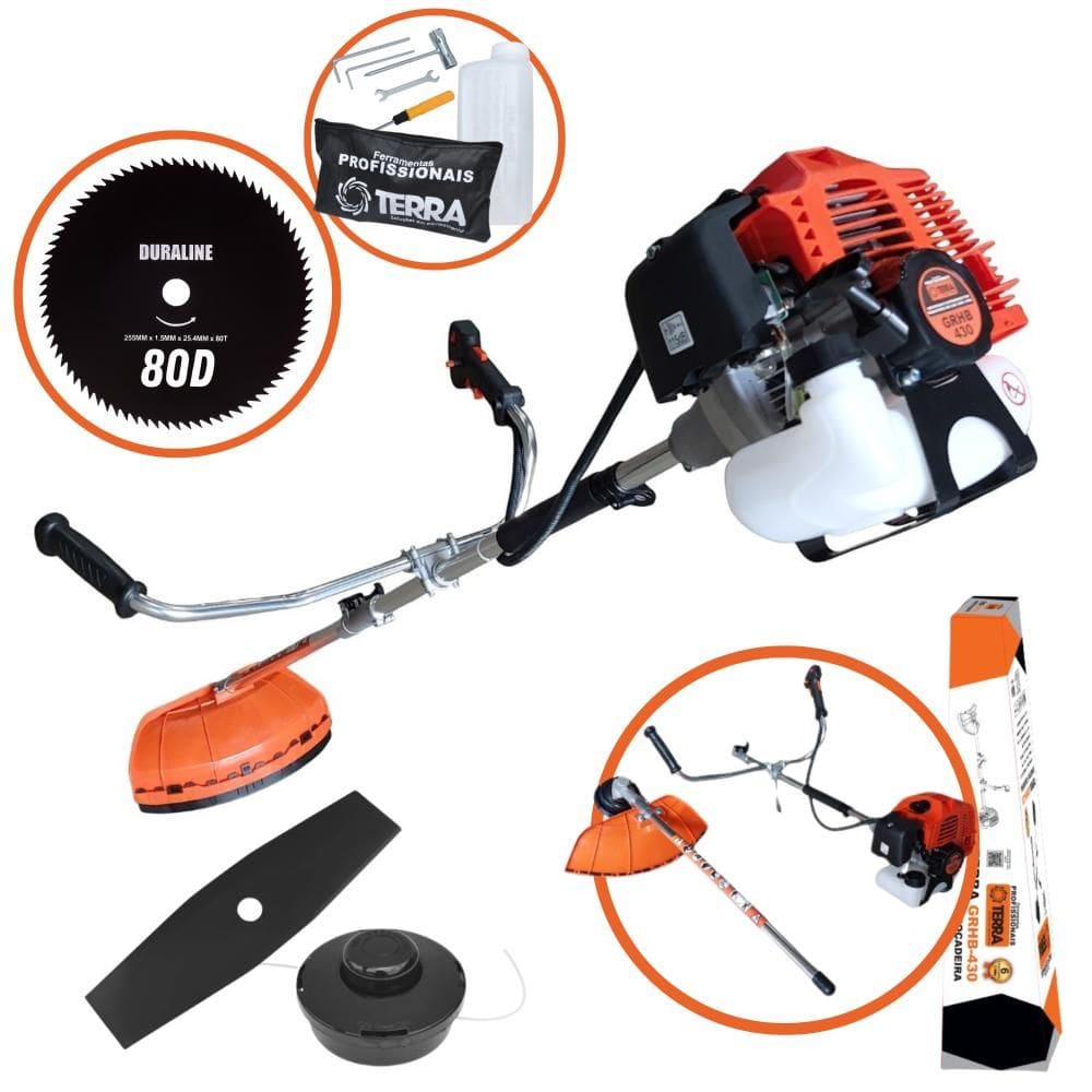 Roçadeira Robusta Terra GRHB430 Bipartida À Gasolina 2 Tempos 43cc 1,7HP de Potência 12.000rpm Com Carretel de Nylon + Lâmina Facão + Lâmina 80 Dentes