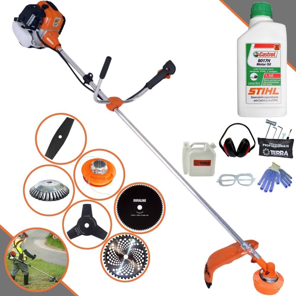 Roçadeira Robusta Terra GR520-XP À Gasolina 52cc Com Carretel + Faca 2 Pontas + Facas 3 Pontas, 40 Dentes Vídea, 80 Dentes + Escova + ÓLEO STIHL + EPI