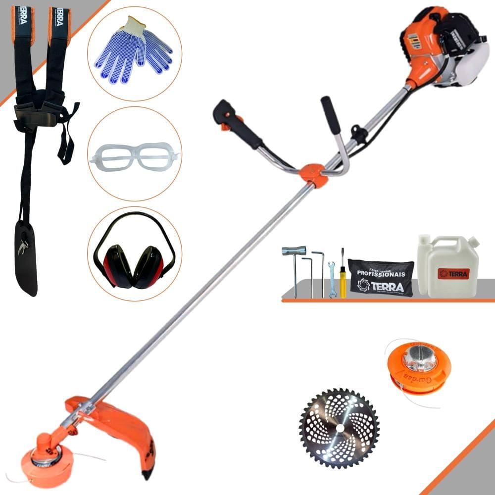 Roçadeira Cortador de Grama Lateral À Gasolina Terra GR520XP 52cc 2,5HP de Potência Alta Rotação Completa Com Carretel + Faca 40 Dentes de Vídea + EPI