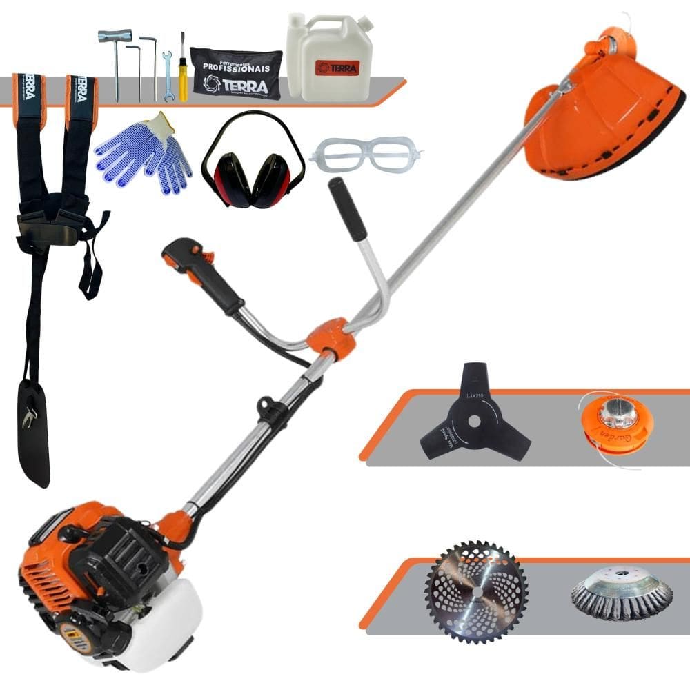 Roçadeira Multifuncional Terra GR520XP À Gasolina 2T 52cc 6500rpm 2,5HP de Potência C/ Carretel + Faca 3 Pontas + Faca 40 Dentes + Escova de Aço + EPI