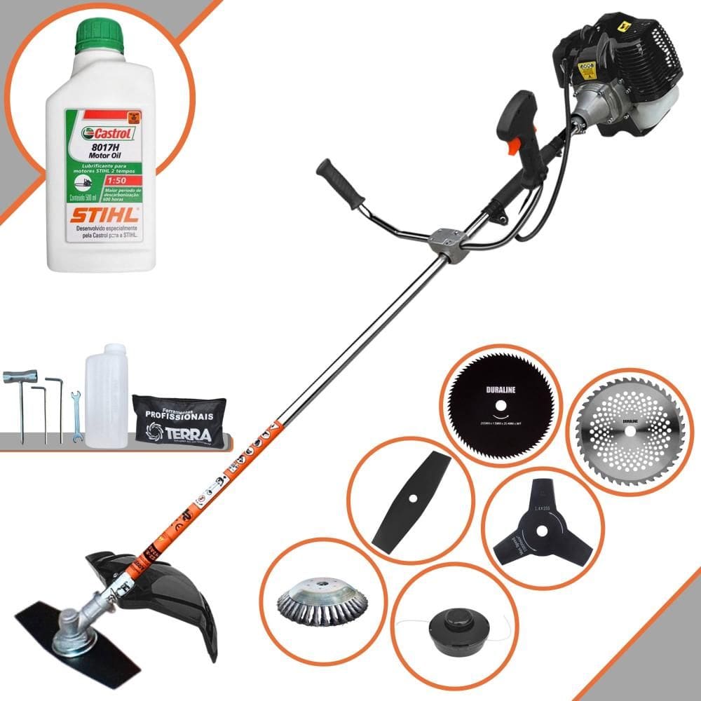Roçadeira Robusta Terra GRH520 À Gasolina 52cc 2,5HP 6.500rpm Multifuncional Com Carretel Nylon + 4 Lâminas de Corte + Escova de Aço + ÓLEO STIHL 2T