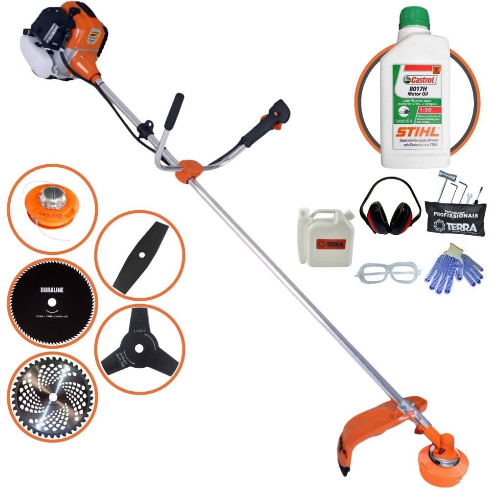 Roçadeira Terra GR520XP À Gasolina 52cc 2,5HP Com Faca 2 Pontas + Faca 3 Pontas + Faca 40 Dentes + Faca 80 Dentes + Carretel + ÓLEO STIHL 2T + EPI