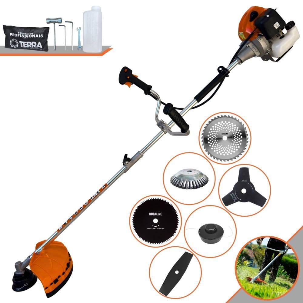 Roçadeira Terra GRHB430 Bipartida À Gasolina 43cc C/ Carretel, Lâmina Facão, Lâmina 3 Pontas, Lâmina 40 Dentes Vídea, Lâmina 80 Dentes e Escova de Aço