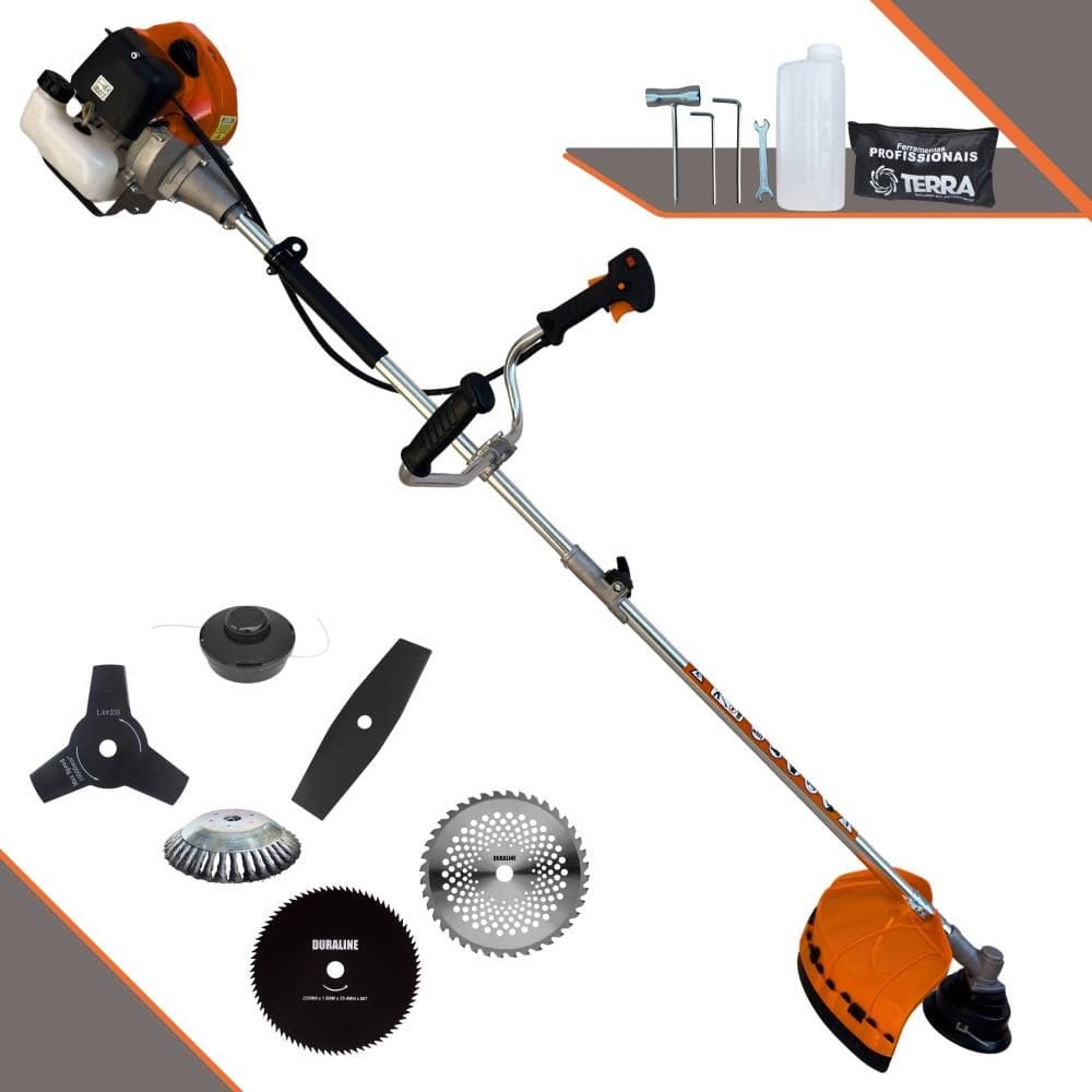 Roçadeira À Gasolina 2T Terra GRHB-430 Bipartida 1,7HP 43cc Com Carretel, Faca 2 Pontas, Faca 3 Pontas, Faca 40 Dentes, Faca 80 Dentes e Escova de Aço