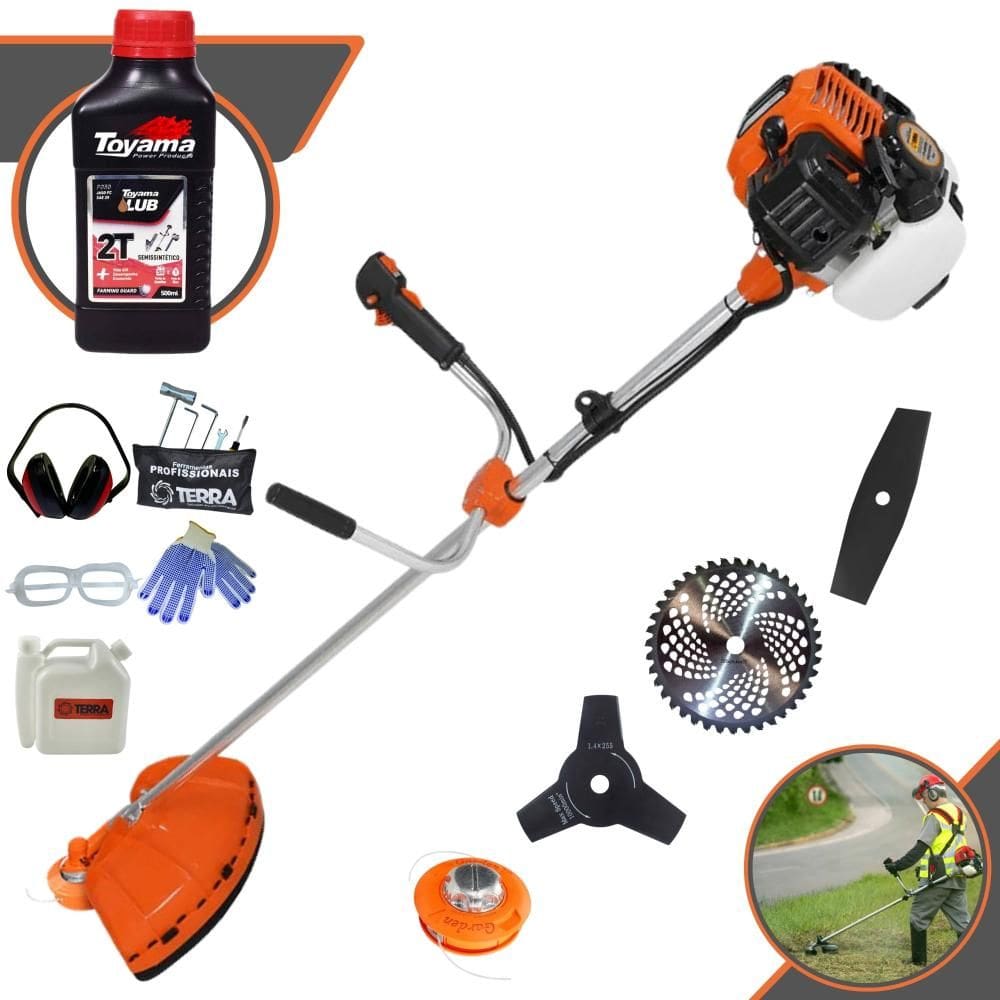 Roçadeira Máquina de Corta Grama Terra GR520XP À Gasolina 52cc 2,5HP 6.500rpm Multifuncional Completa Com 4 Opções de Cortes + ÓLEO TOYAMA 2T + EPI