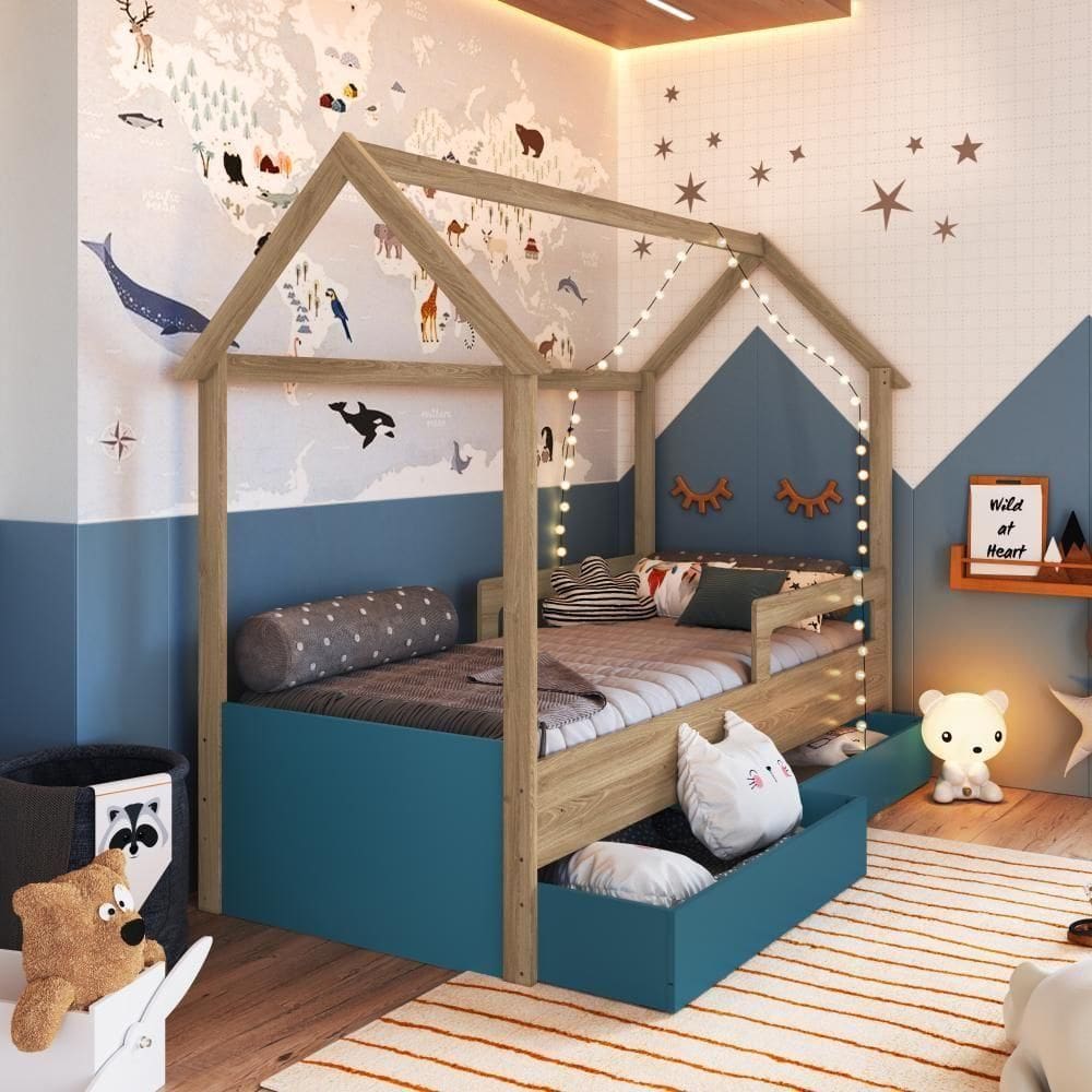 Cama Infantil Montessoriana Casinha Solteiro Gavetas com Roda Aveiro com Azul