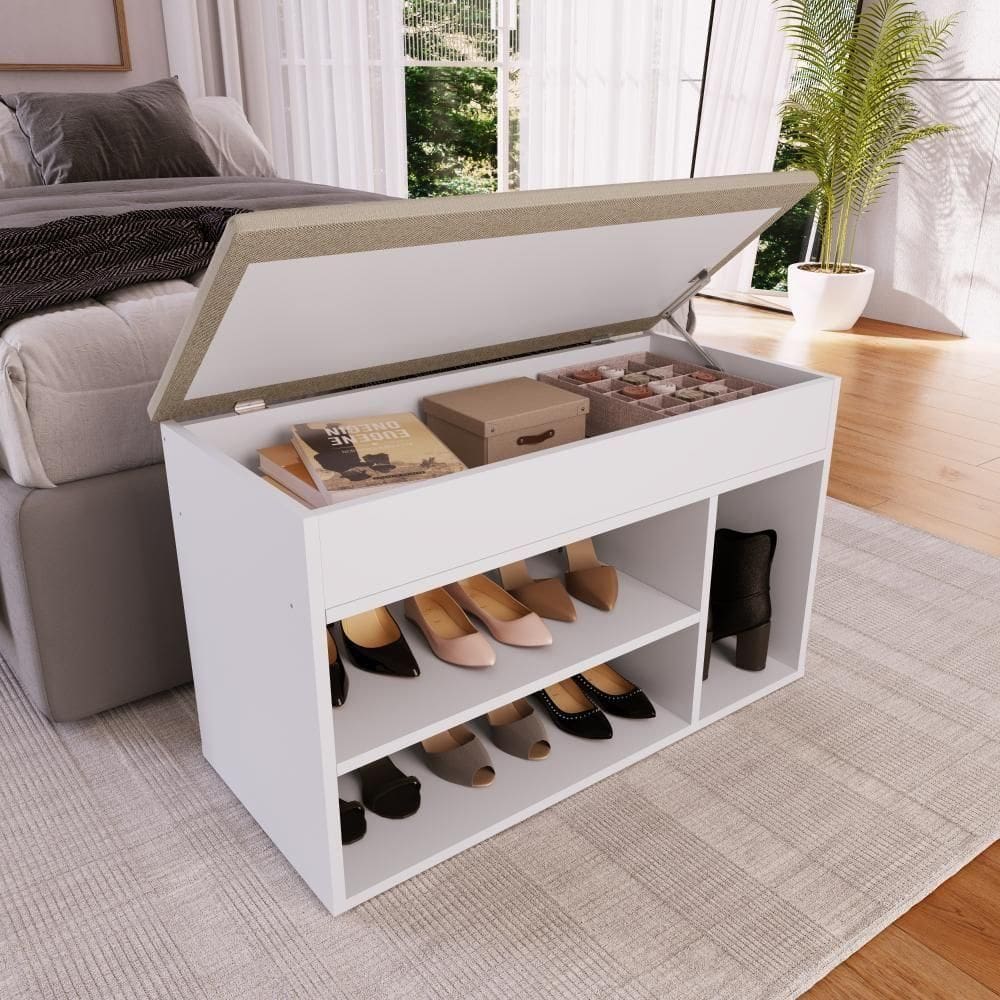 Sapateira Banco Baú Organizador 81cm 7 Pares Com Tampo Estofado Branca