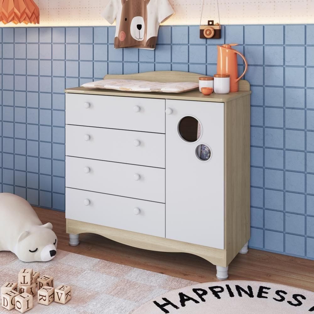 Cômoda Infantil 4 Gavetas Porta Prateleira Trocador Bebê Carvalho Araguaia