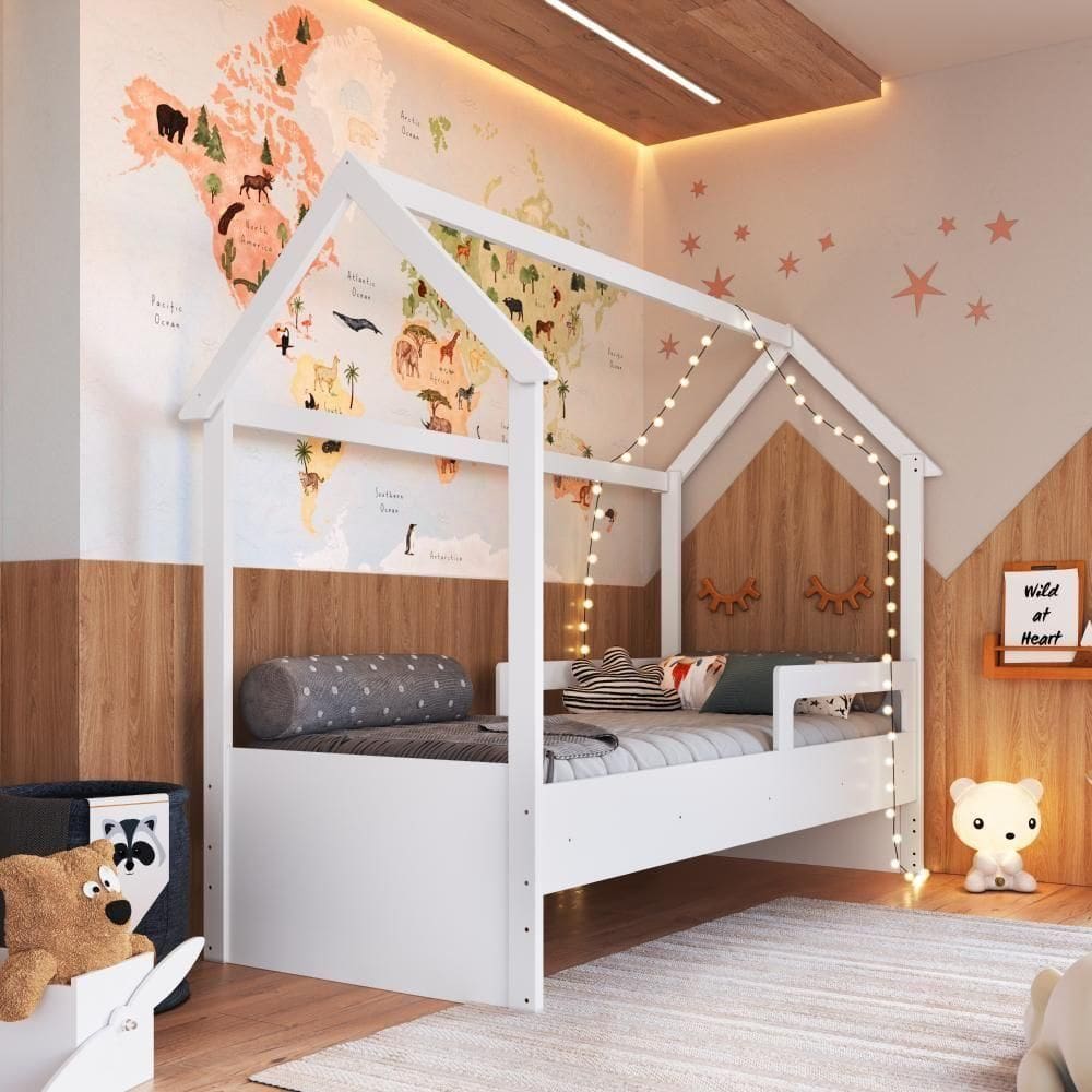 Cama Infantil Montessoriana Casinha Menino Menina Solteiro Com Proteção Lateral Branca