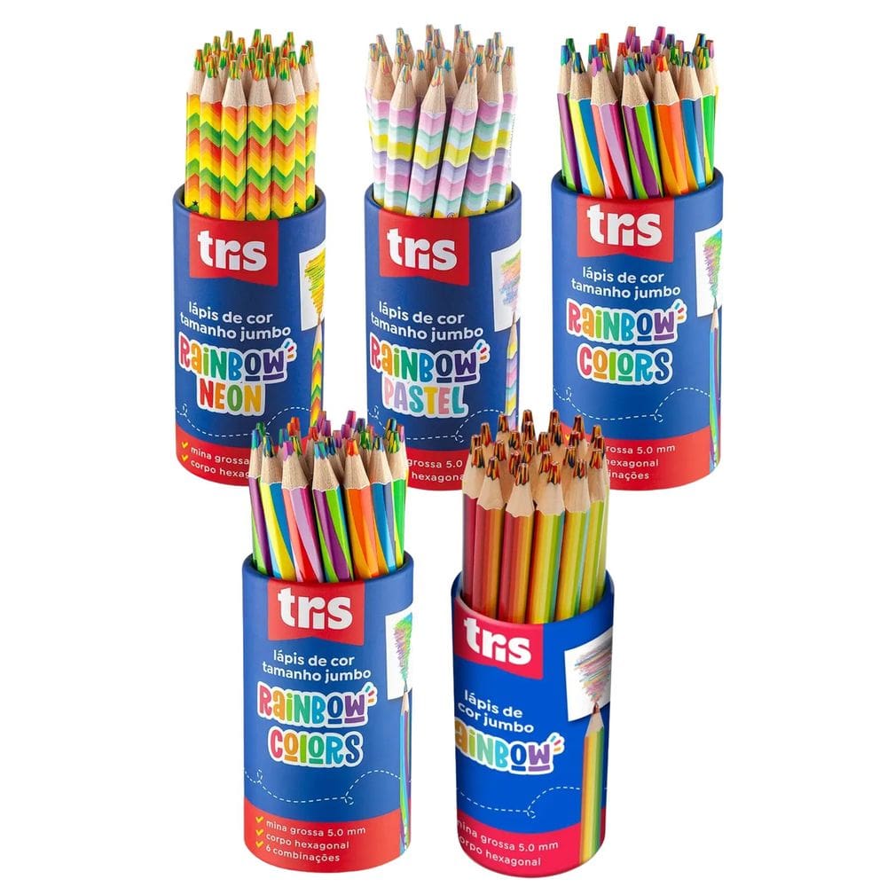 05 Lápis de cor Jumbo multicolorido neon metálico pastel TRIS papelaria volta as aulas escola escolar
