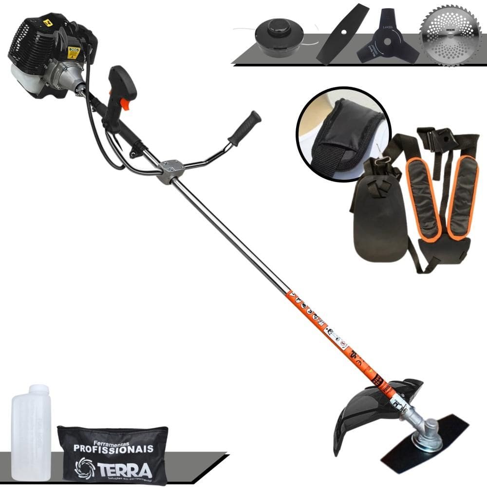 Roçadeira Lateral Multifuncional Terra GRH520 À Gasolina Motor 2 Tempos 2,5HP 52cc 6.500rpm Kit Extra de Faca 3 Pontas e Faca 40 Dentes de Vídea