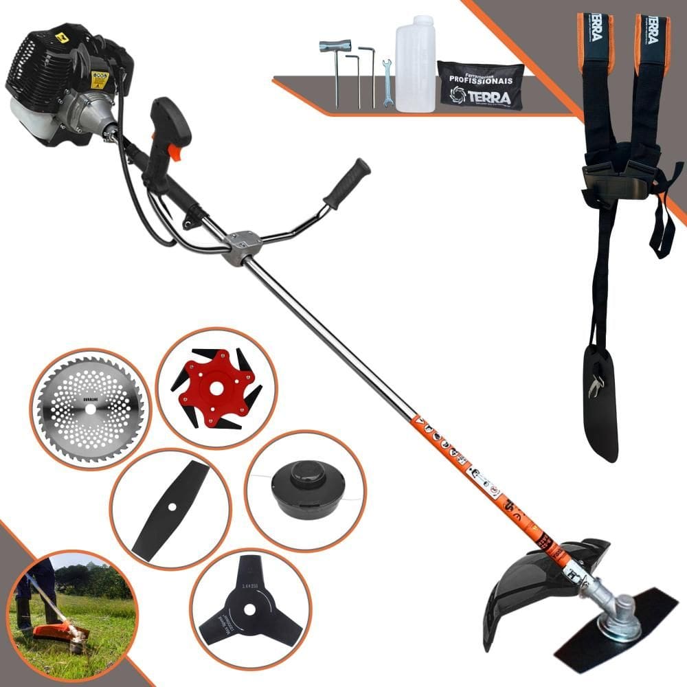 Roçadeira À Gasolina Terra GRH520 52cc 2,5HP 6.500rpm Com Carretel Nylon + Lâmina Facão + Lâmina 3 Pontas + Lâmina 6 Pontas + Disco 40 Dentes de Vídea