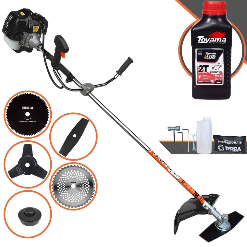 Roçadeira Multifuncional Terra GRH520 À Gasolina 52cc 2,5HP 6.500rpm Completa 5 Em 1 Com Carretel + Kit 4 Lâminas de Corte + ÓLEO TOYAMA 2 Tempos