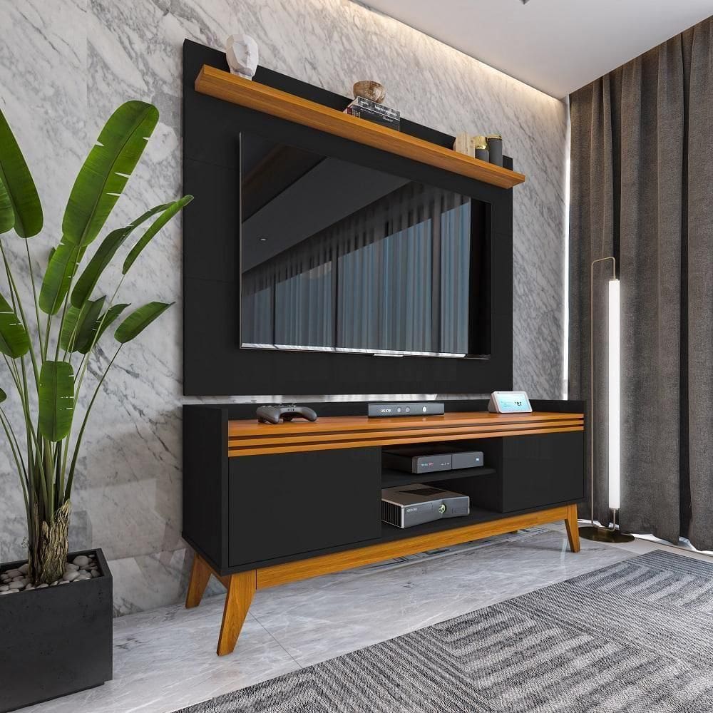Painel Ripado Com Rack Tv 50 Polegadas 136cm Monaco - Preto E Cedro