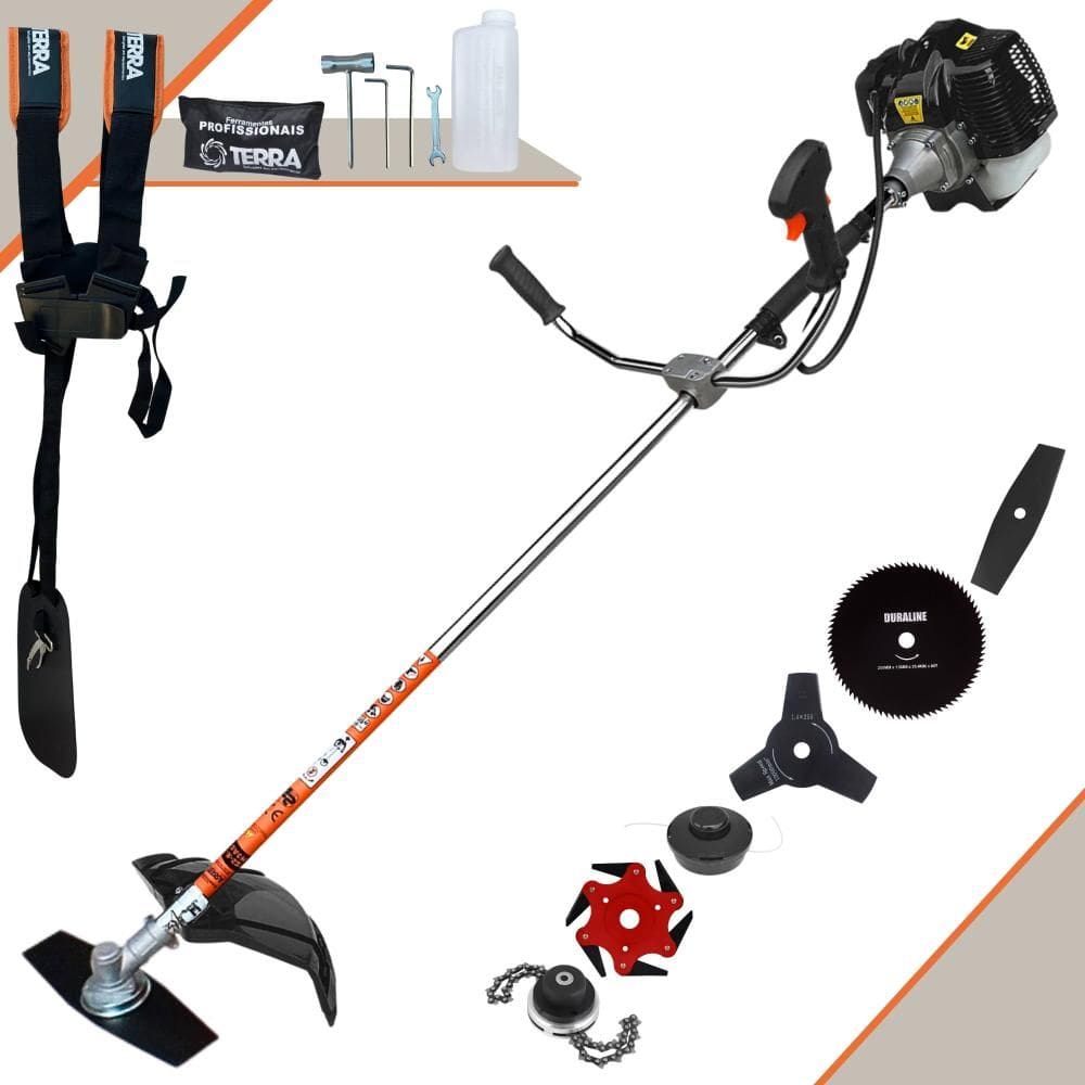 Roçadeira Terra GRH520 À Gasolina 52cc 2,5HP 6.500rpm Com Faca 2 Pontas + Faca 3 Pontas + Faca 6 Pontas + Faca 80 Dentes + Carretel de Nylon + Trimmer