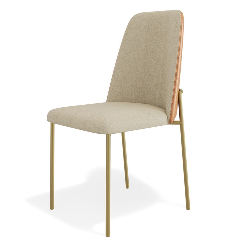 Cadeira Sala de Jantar Lior Estofada Base Dourada Linho Bege Couríssimo Whisky - Desk Design