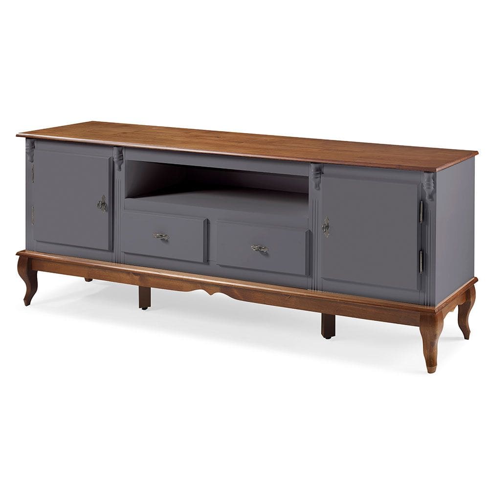 Rack para Sala com Pés Luis XV 2 Gavetas 2 Portas de Madeira e Nicho 60503M Linz Móveis - Cinza/Imbuia Glazer