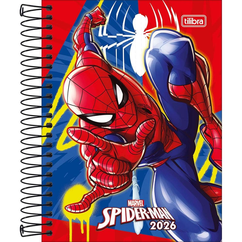 Tilibra - Agenda Espiral Diária 11,7 x 16,4 cm Spider-Man 2026 - Fundo Vermelho e Azul