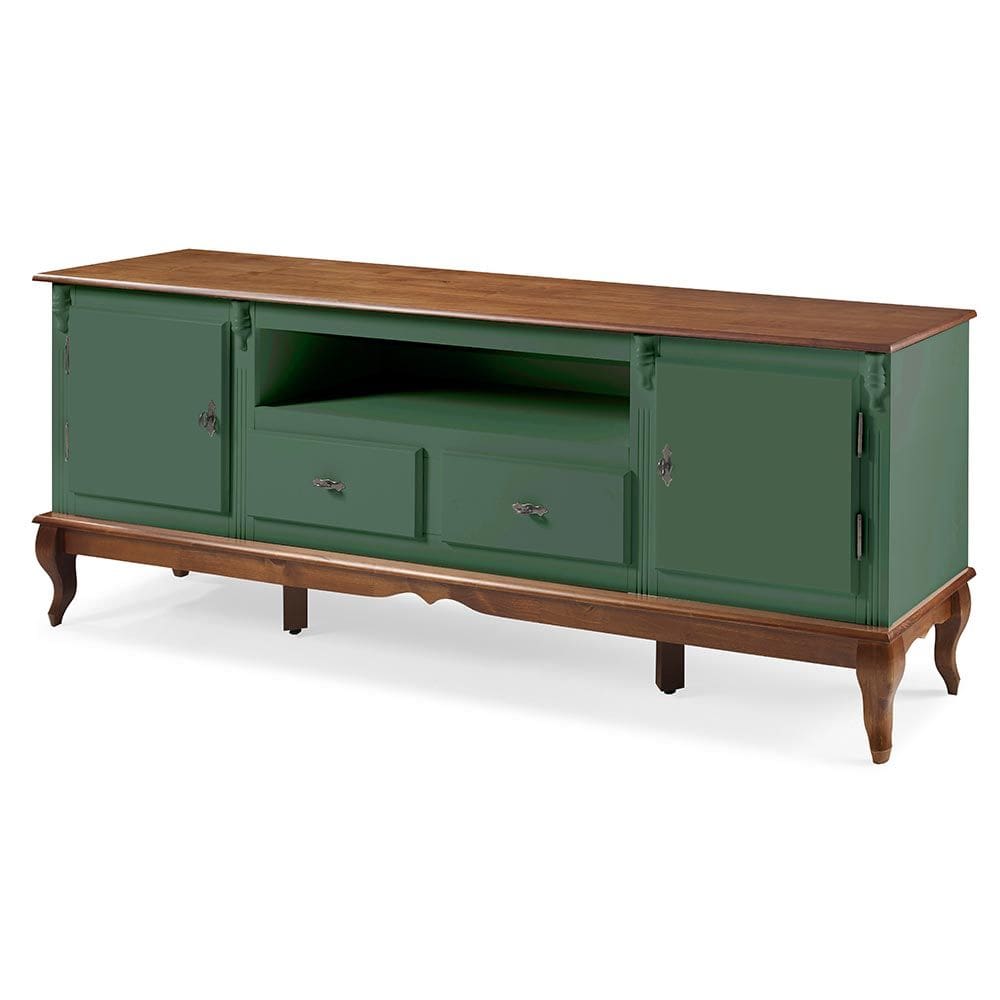 Rack para Sala com Pés Luis XV 2 Gavetas 2 Portas de Madeira e Nicho 60503M Linz Móveis - Verde Musgo/Imbuia Glazer