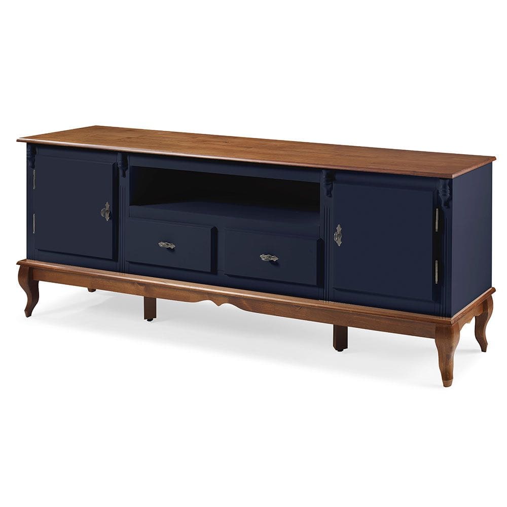 Rack para Sala com Pés Luis XV 2 Gavetas 2 Portas de Madeira e Nicho 60503M Linz Móveis - Azul Petróleo/Imbuia Glazer