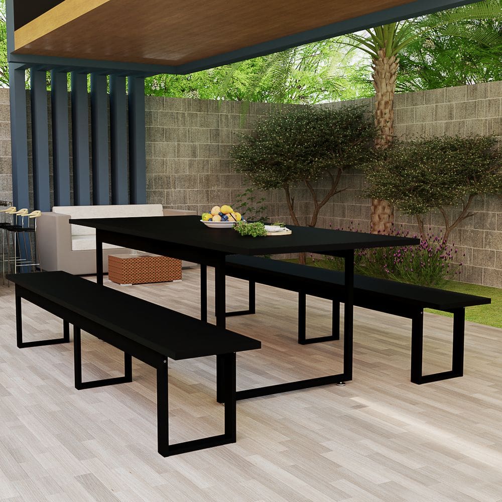 Mesa Industrial Com Bancos Jantar Churrasqueira Área Externa Base De Ferro