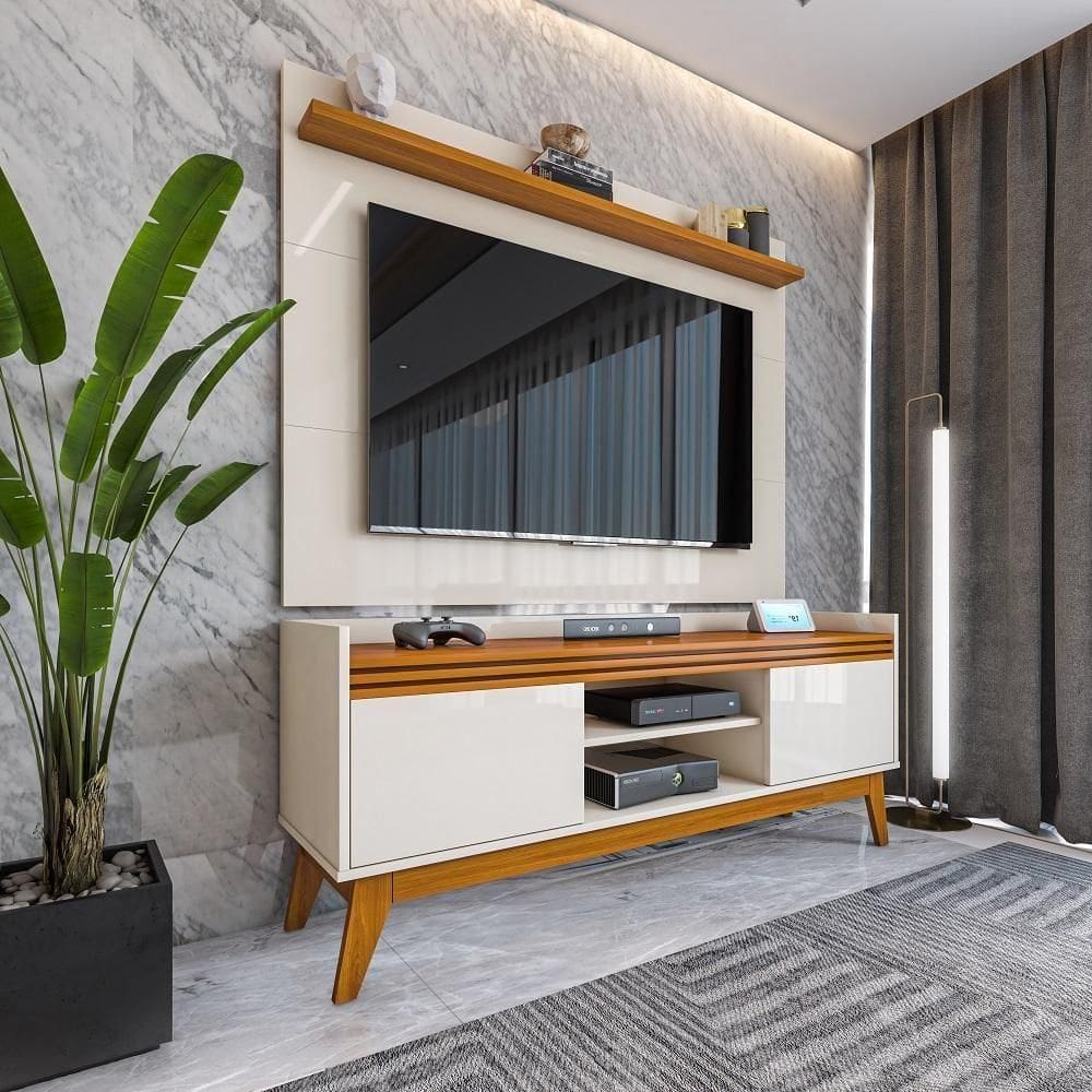 Painel Ripado Com Rack Tv 50 Polegadas 136cm Monaco - Off White E Cedro